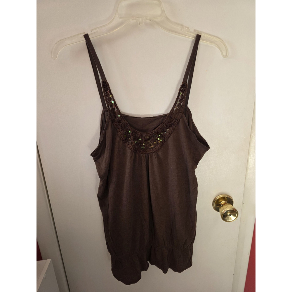 Y2k Womens Beaded Tunic Top Size L Brown Scoop Neck Banded Waist